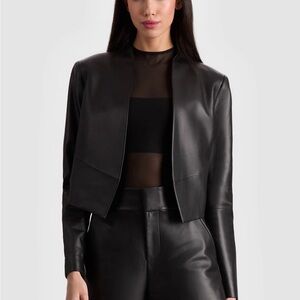 ALICE + OLIVIA New Harvey Lambskin Jacket Leather Black Cropped Medium $995